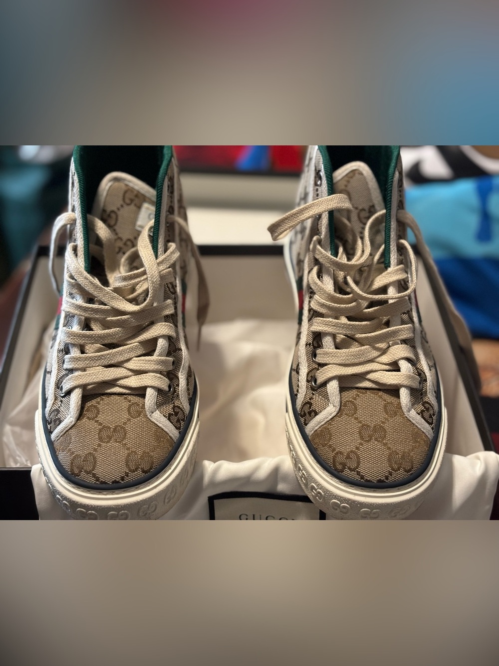 Gucci Kids Beige Monogram High-Top Sneakers with Green and Red Web